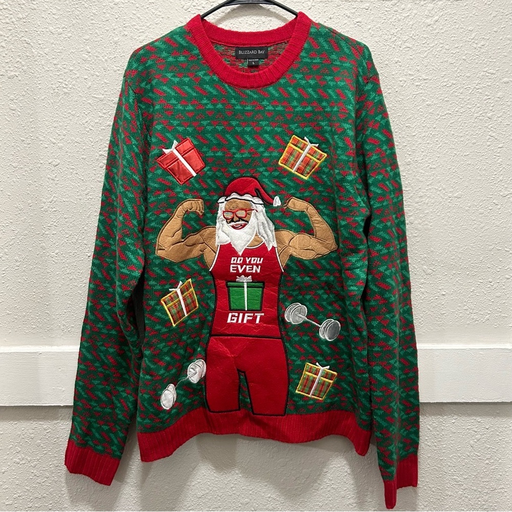 Blizzard Bay Body Builder Santa Ugly Christmas Sweater "Do you even gift" Large
